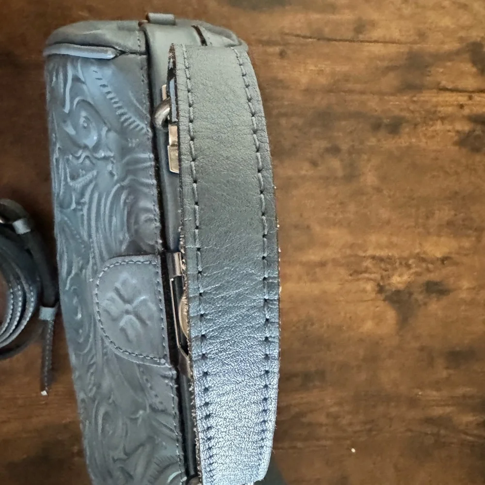 Patricia Nash Embossed Floral Leather Crossbody in Dusty Blue